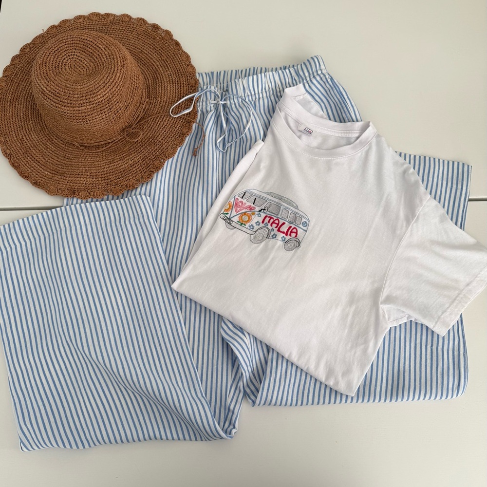 VACAY BUNDLE SIZE L/XL Linen pants size L Italian T size XL and raffia sun hat